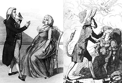 Изображение сеансов Месмера в газетах до и после разоблачения.