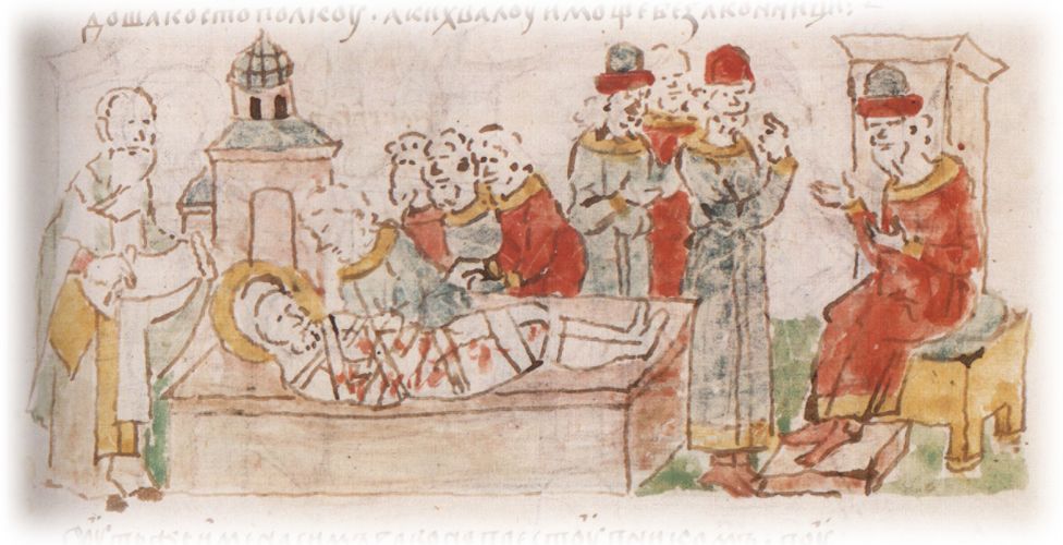 Привоз тела убитого Бориса Владимировича к церкви святого Василия в Вышгороде; приход к Святополку Владимировичу убийц Бориса — Путши и других.