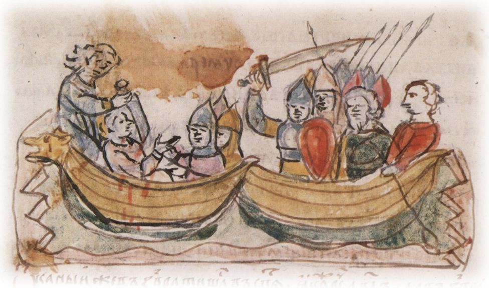 Захват подосланными Святополком Владимировичем убийцами ладьи Глеба Владимировича; убийство поваром Торчином Глеба ножом.