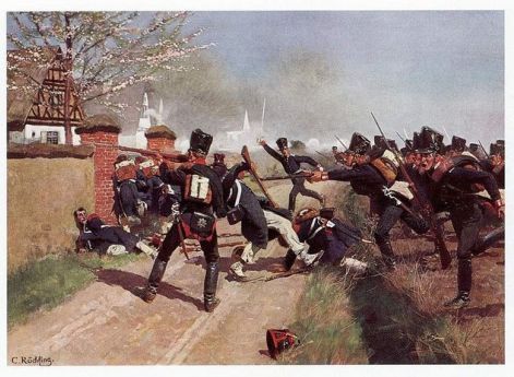 Гвардейский прусский полк стрелков освобождает от французов г.Лютцен, южнее Берлина 2 мая 1813 года. К. Рёхлинг. XIX век