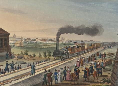  Вид поезда Царскосельской ж. д. в 1837 г. в глубине городские здания Царского села, слева бревенчатый дом