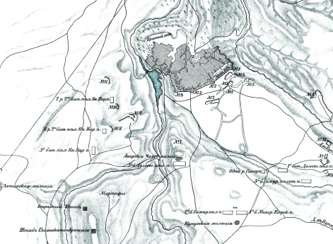 План укрепленного селения Салты с показанием расположения блокирующих его войск Самурского отряда и произведенных осадных работ 1847 год