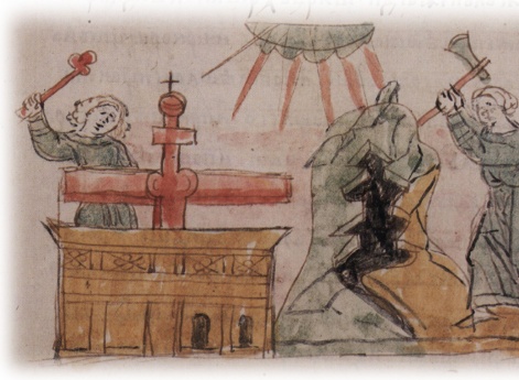 Извлечение из пещеры мощей Феодосия Псчсрского, сопровождаемое ударами в било и видением светящихся дугообразных столпов на небе.