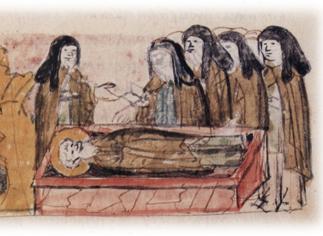 Вынесение из пещеры мощей Феодосия Печерского в присутствии игумена Стефана и братии.