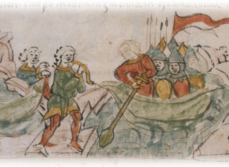 Переволакивание ладей в Долобское озеро, затем в реку Золотчу и далее в Днепр.