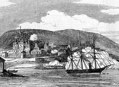 Английский корабль «Миранда» разрушает город Колу, столицу Русской Лапландии 23 августа 1854 г.