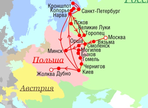 Маршрут поездок Петра I - 1706 г.