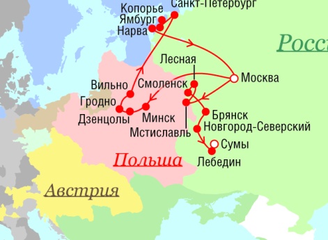 Маршрут поездок Петра I - 1708 г.