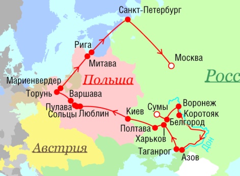 Маршрут поездок Петра I - 1709 г.