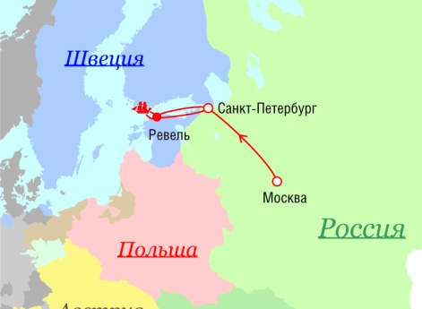 Маршрут поездок Петра I - 1719 г.