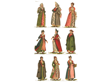 Изображение малороссиян в старинных одеждах: 10) малороссийская госпожа в старинном наряде; 11) она же в другом наряде; 12) шляхетная госпожа в летней одежде; 13 и 14) пляшущие малороссийские госпожи; 15 и 16) шляхетные госпожи в в зимнем наряде; 17) шлях