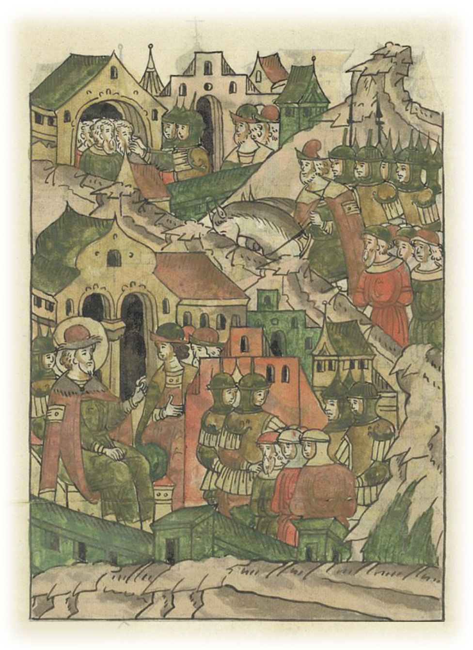 Ледовое побоище. Великий князь Александр Ярославич освобождает от немцев город Псков, а немецких наместников, сковав, отправляет в Новгород.