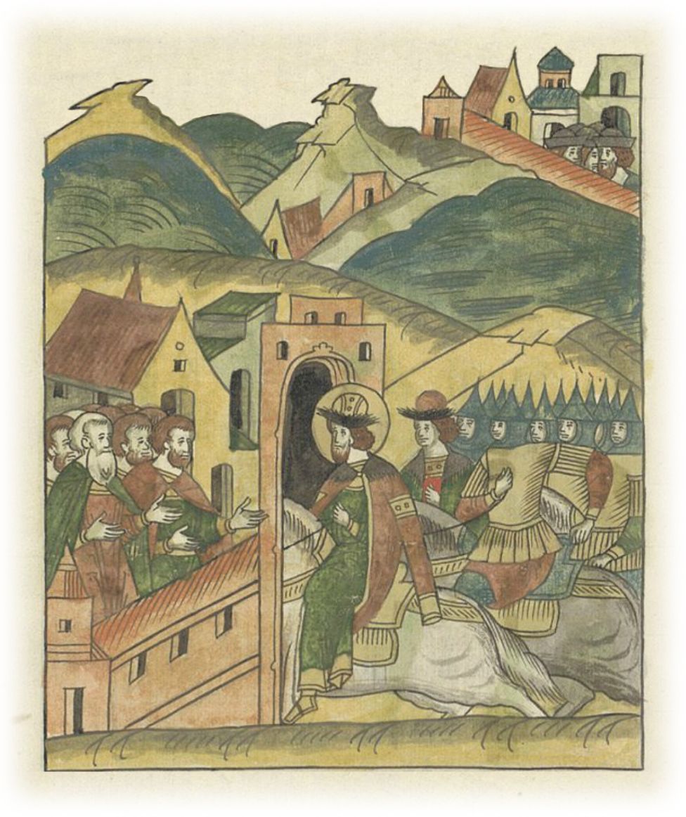 Великий князь Александр Ярославич возвращается в Новгород после победы над немцами на Чудском озере. Слава о нем разносится по всем странам.