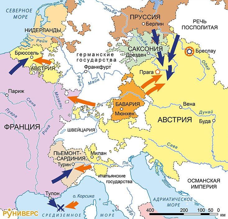 Война за австрийское наследство 1740–1748 гг. Карта кампаний 1744 г. в Центральной Европе.