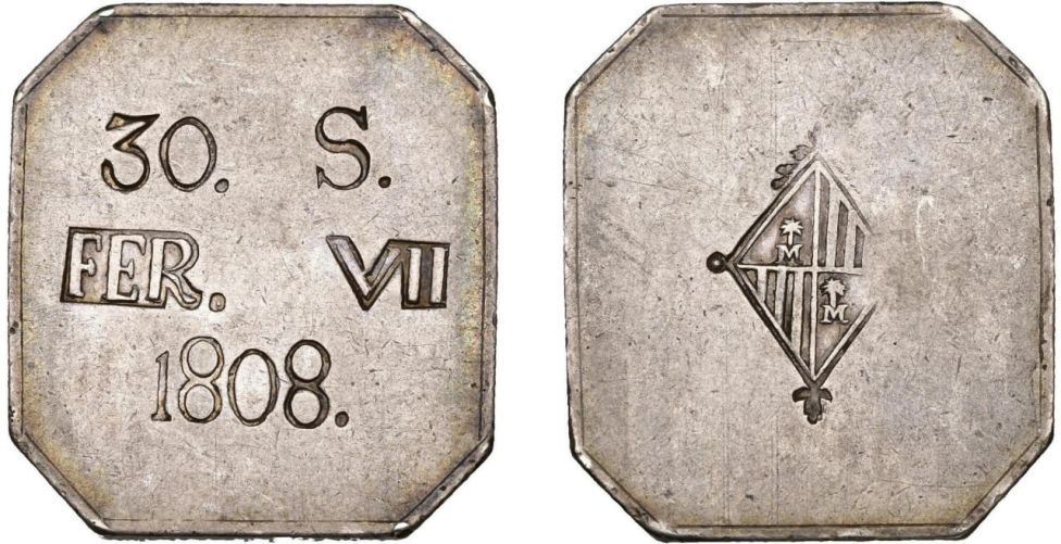 30 су ( или 3/2 франка), Пальма-де-Майорка, серебро, 27 гр., 1808 г. Фердинанд VII