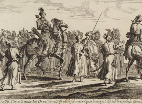 Вельможи в уборе офицеров польских гайдуков со свитой на торжественной «карусели», посвященной совершеннолетию Карла XI в 1672 г.