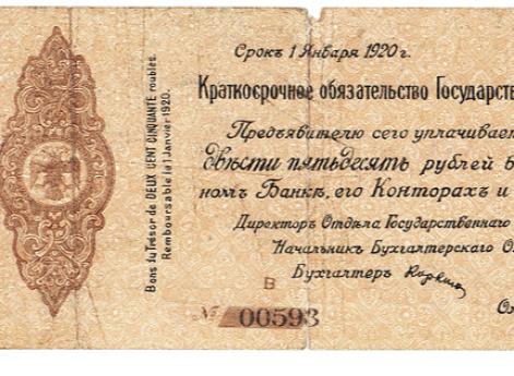 Краткосрочное обязательство Государственного Казначейства. 250 руб. Омск. 1 января 1919 г. Аверс. Фальшивое