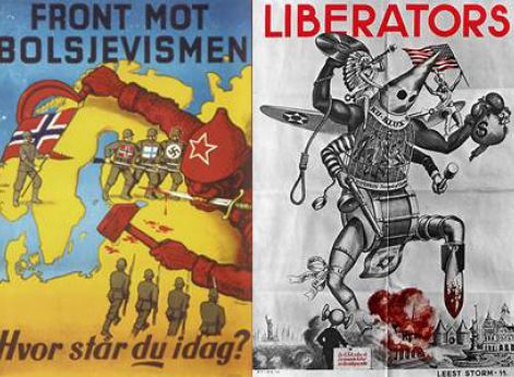 Антисоветский и антиамериканский плакаты Харальда Дамследа. 1944 г.