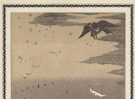 Аксель и Анна летят над Северным морем. Иллюстрация в книге