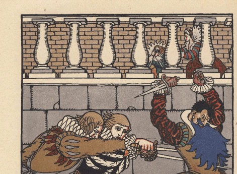 В это мгновение братья ворвались в комнату и бросились со шпагами прямо на синюю бороду. Иллюстрация к книге