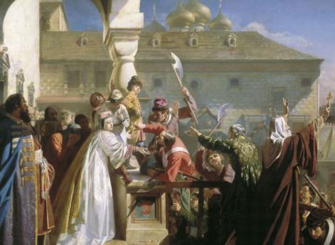 Царица Наталья Кирилловна показывает взбунтовавшимся стрельцам живого и здорового царевича Ивана