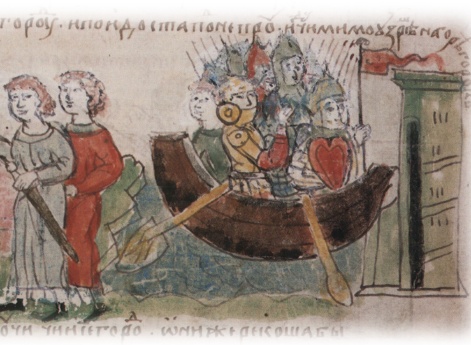 Аскольд и Дир, просящие у Рюрика в Новгороде разрешения на поход в Царьград; прибытие Аскольда и Дира на кораблях с дружиной к Киеву.