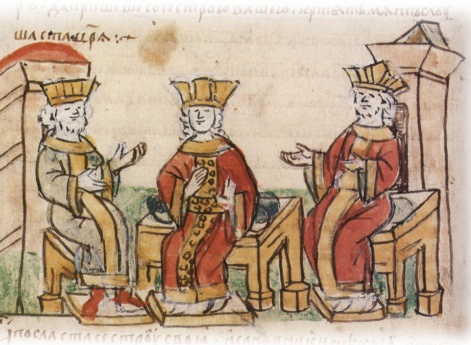 Убеждение византийскими императорами Василием II и Константином VIII царевны Анны для сохранения мира с Русью стать женой князя Владимира Святославича, давшего согласие принять христианство