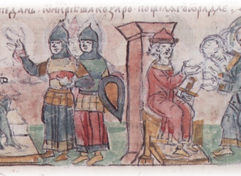 Совет Святослава Игоревича со своими воинами о новых походах; беседа Святослава Игоревича с вятичами о дани.