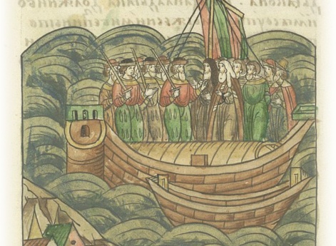 О походе митрополита Пимена в Царьград со Смоленским владыкой Михаилом и Спасским архимандритом Сергием. Фряги нападают на корабль, сковывают митрополита Пимена и его людей.