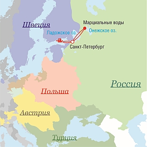 Маршрут поездок Петра I в 1718 г.