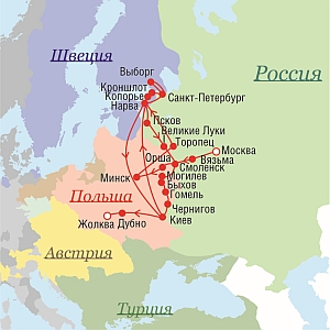 Маршрут поездок Петра I в 1706 г.