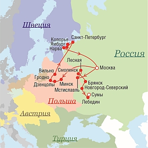Маршрут поездок Петра I в 1708 г.