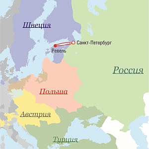 Маршрут поездок Петра I в 1715 г.