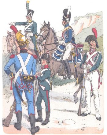 Италия. Конный егерь, жандармы, пожарный и воспитанник (1812)